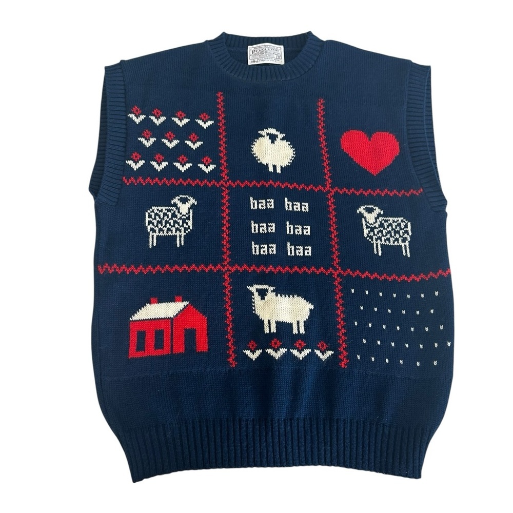 VTG 80s Pendleton Baa Baa baa Sheep Tic Tac Toe Wool Sweater Vest Navy Small - Picture 11 of 11